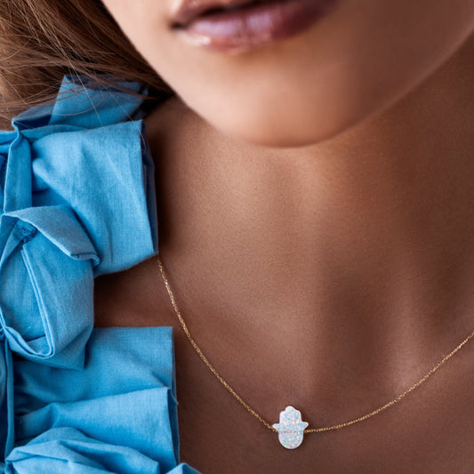 Oyster White Hamsa Hand Necklace